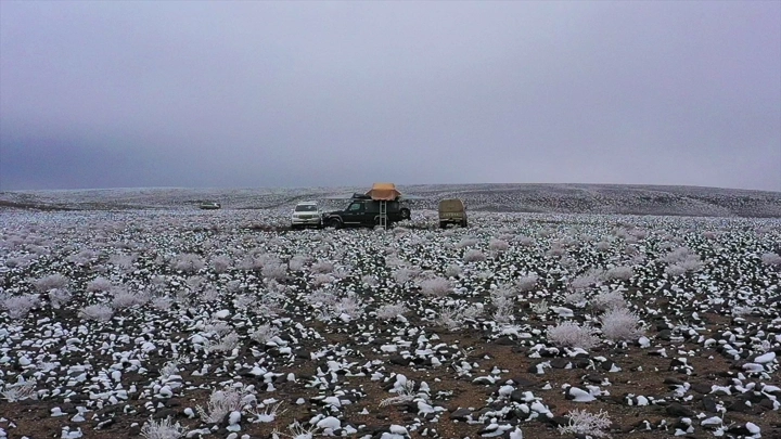 سيارات في صحراء حرة عويرض المغطاة بالثلوج، لقطة واسعة.