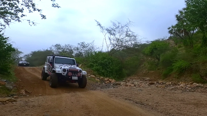 سيارة دفع رباعي على طريق وعر في الطبيعة، لقطة من الأرض.