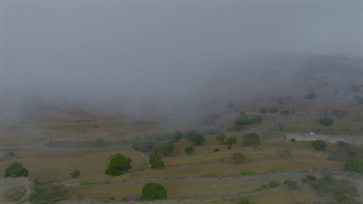 مزارع السودة في الضباب، لقطة جوية.