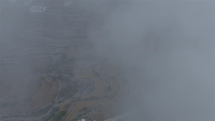 مزارع السودة مغطاة بالضباب، لقطة جوية.