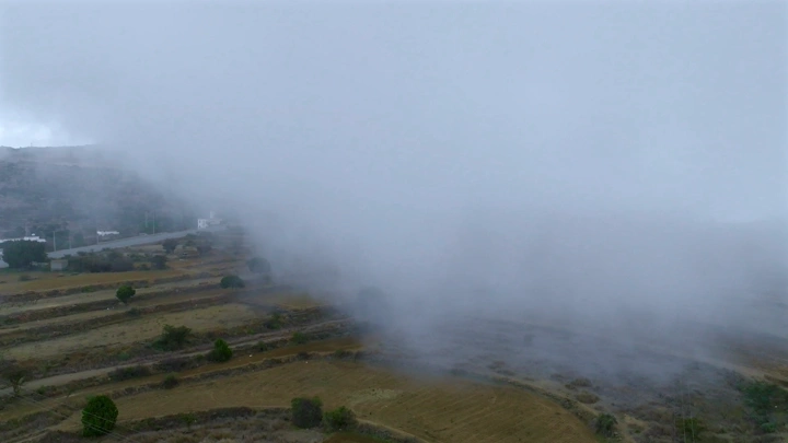 ضباب كثيف فوق مزارع السودة، لقطة جوية.