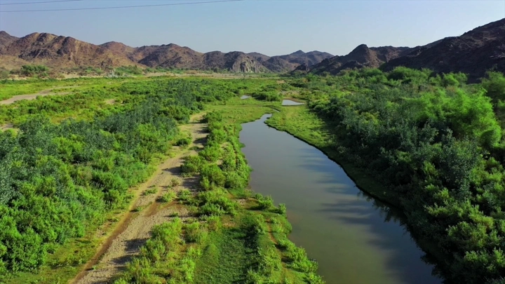 وادي بيشة غيال في النهار، لقطة جوية.