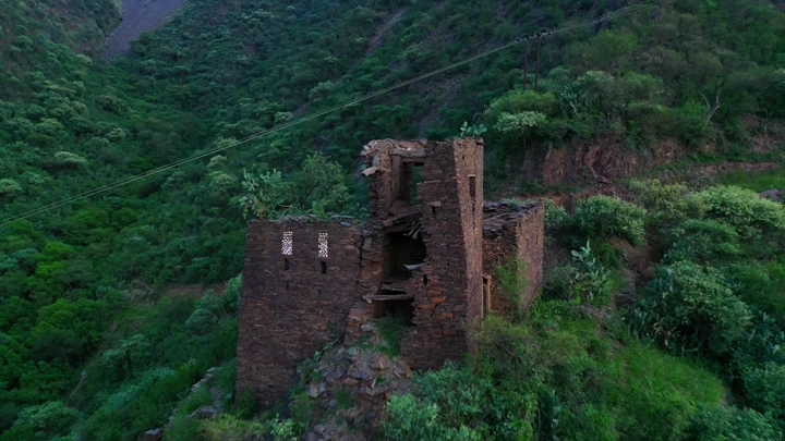 قلعة قديمة في عسير محاطة بالخضرة، لقطة جوية.