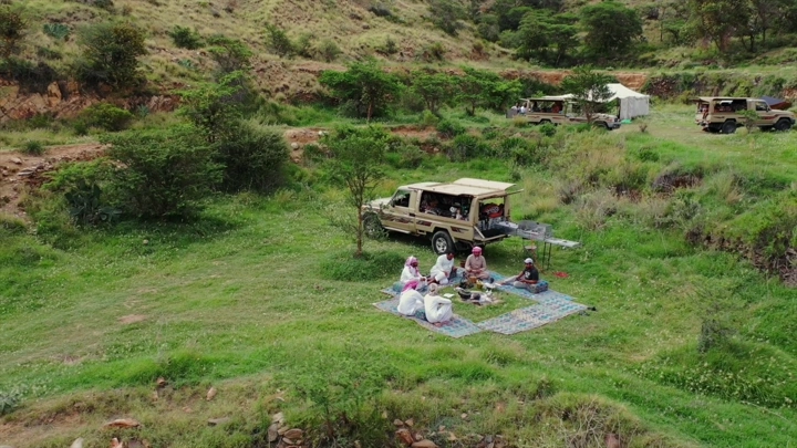 مجموعة تخييم في البرية بجانب سيارة، لقطة جوية.
