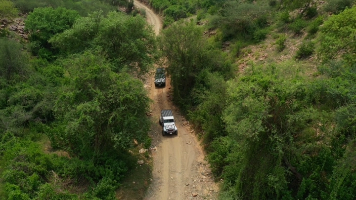 سيارات تسير في وادي الغمار بجازان، لقطة جوية.
