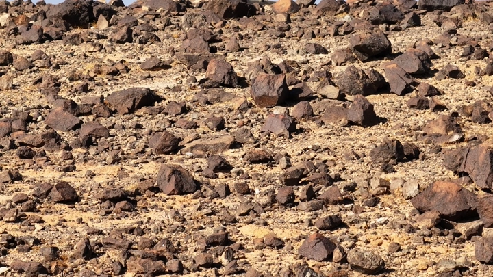 صخور متناثرة في صحراء جافة تحت ضوء الشمس، لقطة جوية .