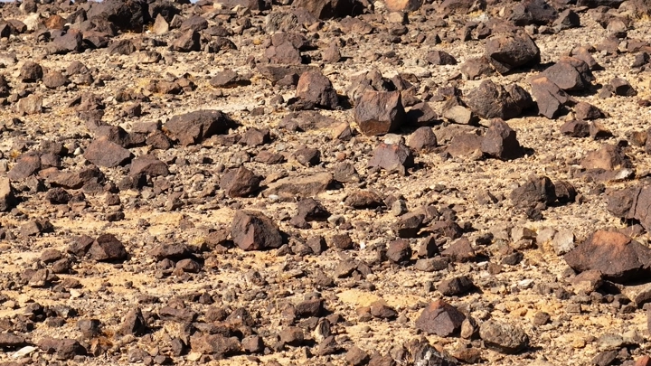 صخور متناثرة في صحراء جافة، لقطة جوية .