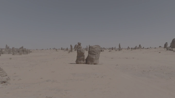 تكوينات صخرية في صحراء الغراميل تحت سماء صافية، لقطة نهارية.