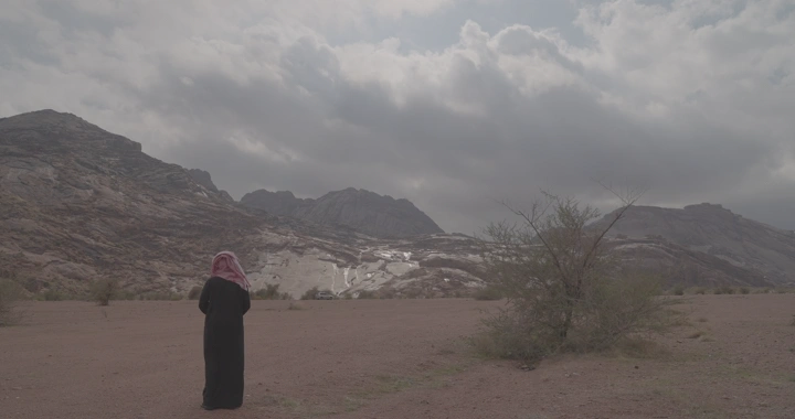 شخص يقف في شعيب مشار بحائل، منظر طبيعي، لقطة واسعة.
