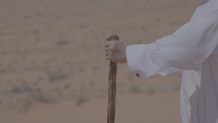 رجل يحمل عصا في الصحراء، لقطة جانبية.