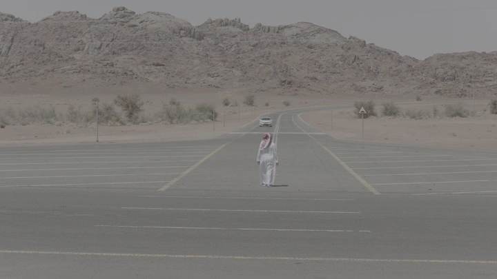 رجل يقف في منتصف الطريق لايقاف سيارة لاكرامه،  الصحراوي، لقطة بعيدة.