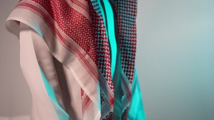 رجل سعودي يتلكم و يرتدي شماغ  في إضاءة زرقاء، لقطة قريبة.