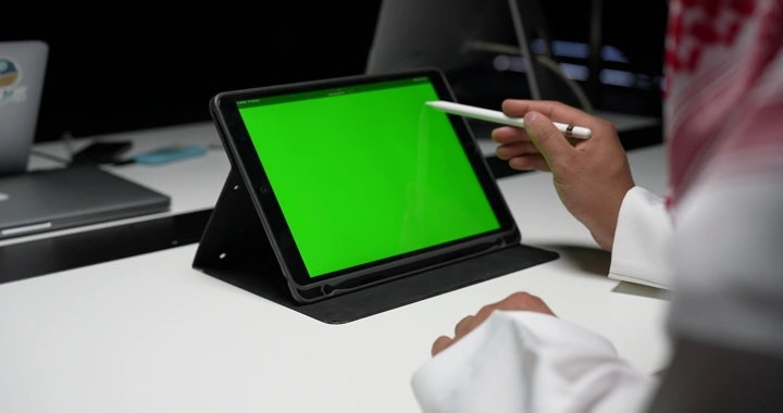 رجل سعودي يستخدم جهاز لوحي بشاشة كروما خضراء، لقطة قريبة.
