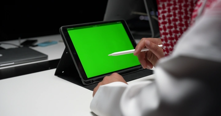 رجل سعودي يستخدم جهاز لوحي بشاشة كروما خضراء، لقطة مقربة.