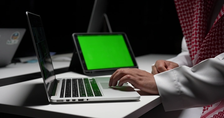 رجل سعودي يعمل على حاسوب محمول أمام شاشة كروما خضراء، لقطة داخلية.