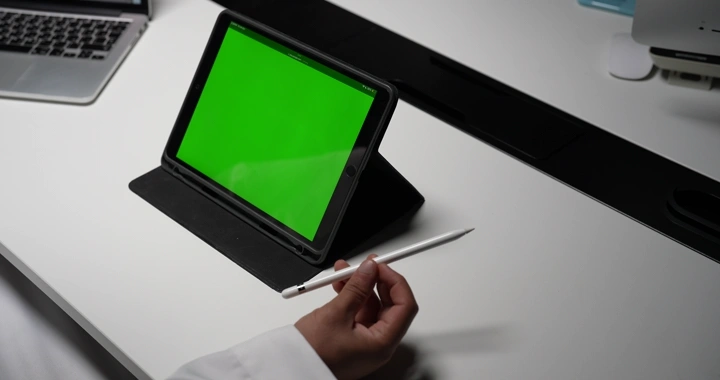 جهاز لوحي بشاشة كروما خضراء على مكتب، لقطة داخلية.