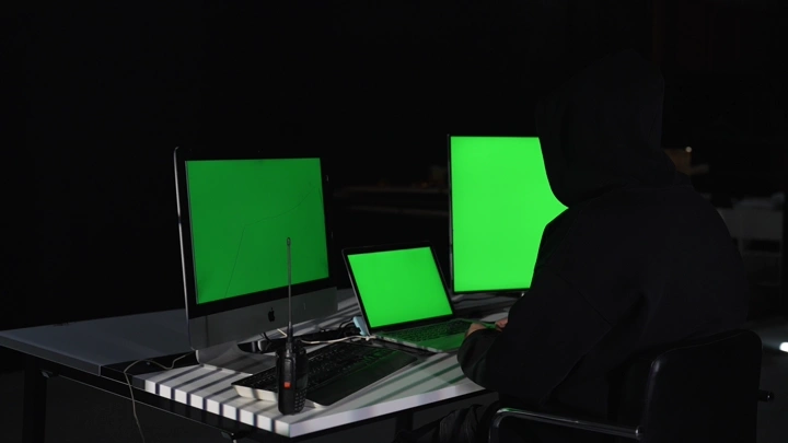 رجل يعمل على شاشات كروما خضراء في غرفة مظلمة، لقطة داخلية.