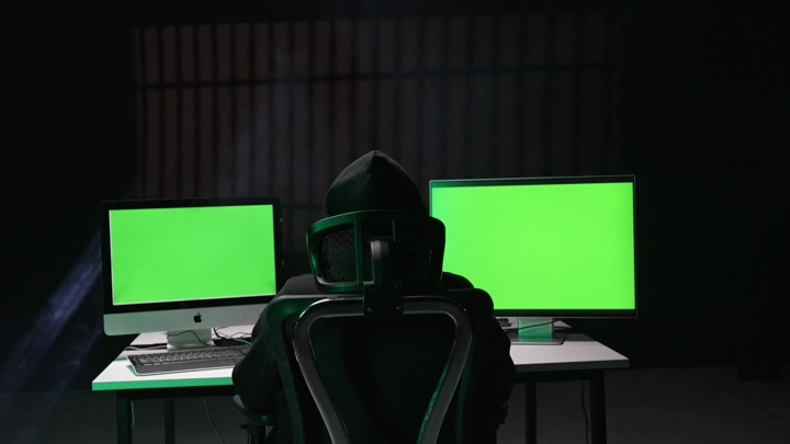 رجل يجلس أمام شاشات كروما خضراء في غرفة مظلمة، لقطة خلفية.