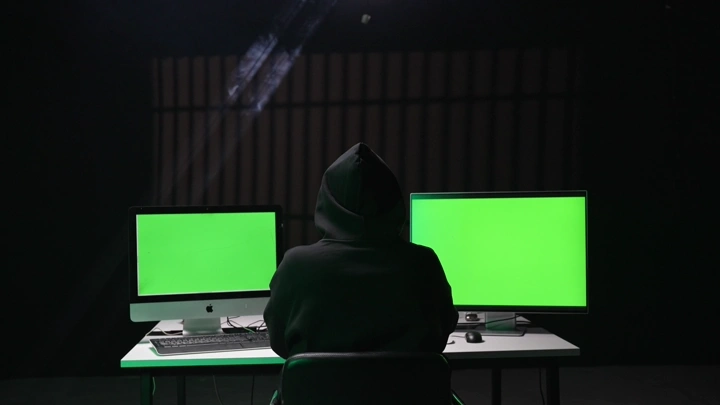 شخص يرتدي سترة أمام شاشات كروما خضراء في غرفة مظلمة، لقطة داخلية.