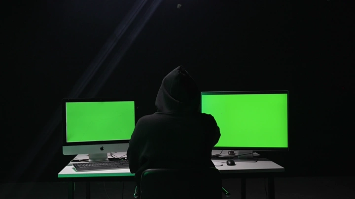 رجل يرتدي سترة أمام شاشات كروما خضراء في غرفة مظلمة، لقطة داخلية.