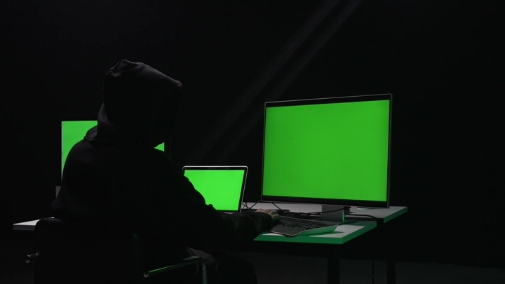 شخص جالس أمام شاشات كروما خضراء في غرفة مظلمة، لقطة داخلية.
