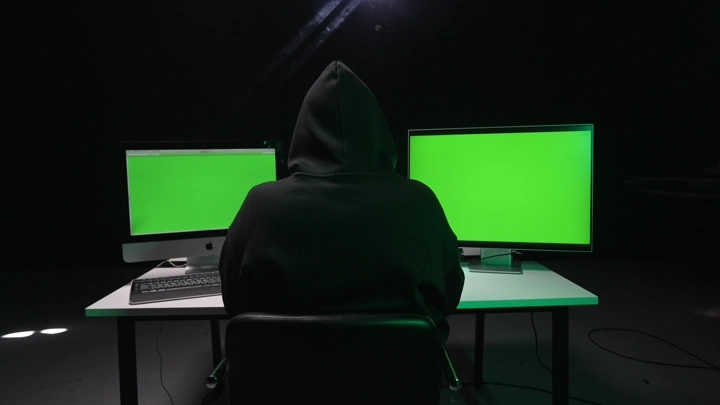 شخص يرتدي سترة أمام شاشات كروما خضراء في غرفة مظلمة، لقطة من الخلف.