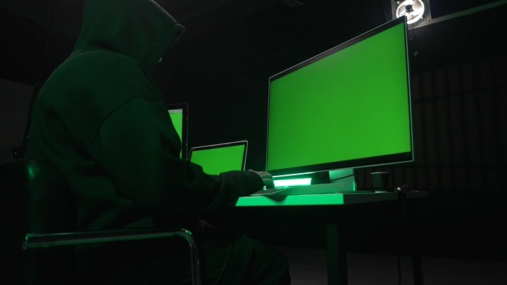 شخص يرتدي قناعًا أمام شاشة كروما خضراء في غرفة مظلمة، لقطة جانبية.