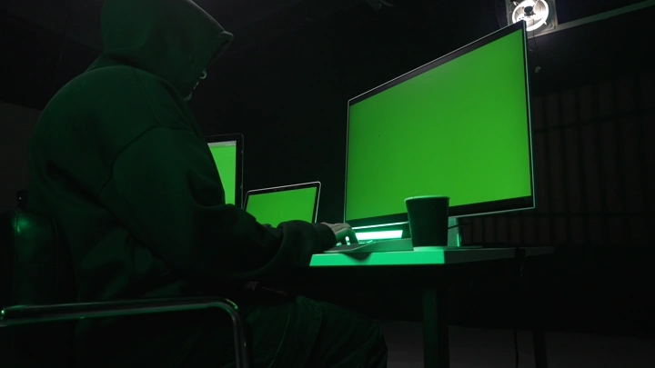 رجل يرتدي سترة أمام شاشات كروما خضراء في غرفة مظلمة، لقطة جانبية.