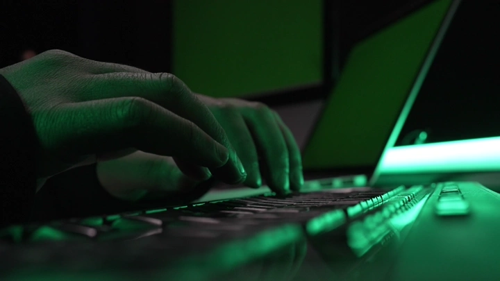 يدان تكتبان على لوحة مفاتيح بإضاءة خضراء، لقطة قريبة.