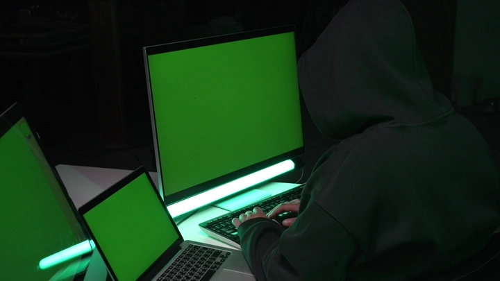 شخص يرتدي سترة أمام شاشات كروما خضراء، لقطة داخلية.