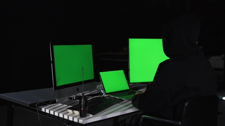 شخص يعمل على شاشات كروما خضراء في غرفة مظلمة، لقطة جانبية.