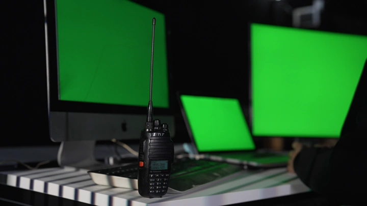 شاشات خضراء كروما على مكتب مع جهاز لاسلكي، لقطة داخلية.