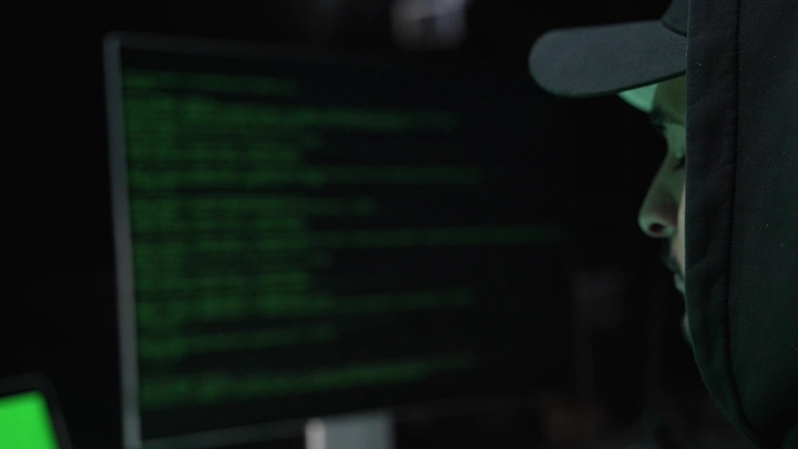 رجل يبرمج على شاشة في غرفة مظلمة، لقطة جانبية.