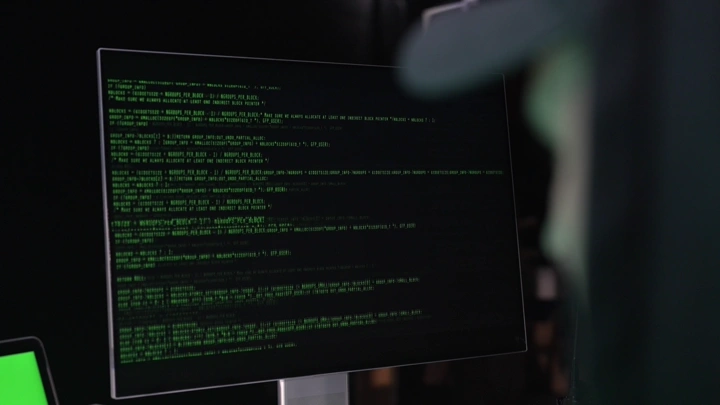 شخص يبرمج على شاشة كمبيوتر في غرفة مظلمة، لقطة قريبة.