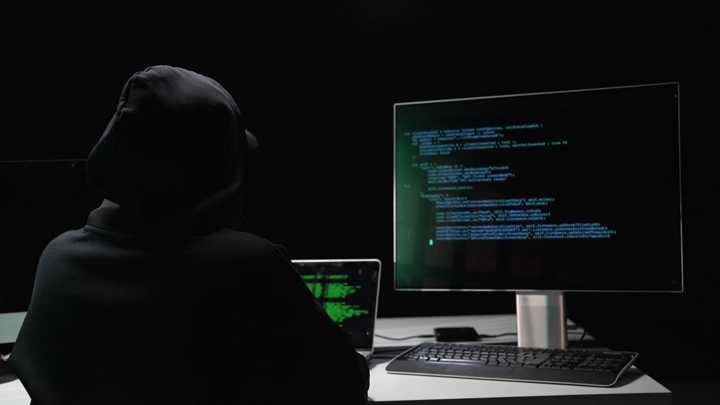 رجل يبرمج على شاشة في غرفة مظلمة، لقطة جانبية.