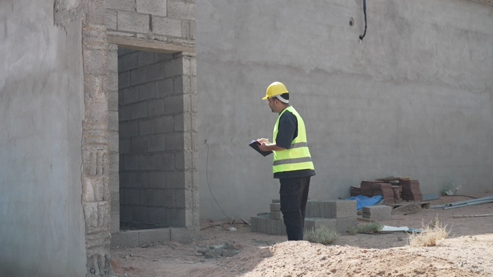 مهندس يرتدي خوذة وسترة يعاين مخطط بناء، لقطة خارجية.