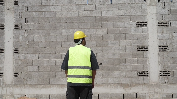 مهندس يرتدي خوذة وسترة أمان أمام جدار بناء، لقطة خلفية.