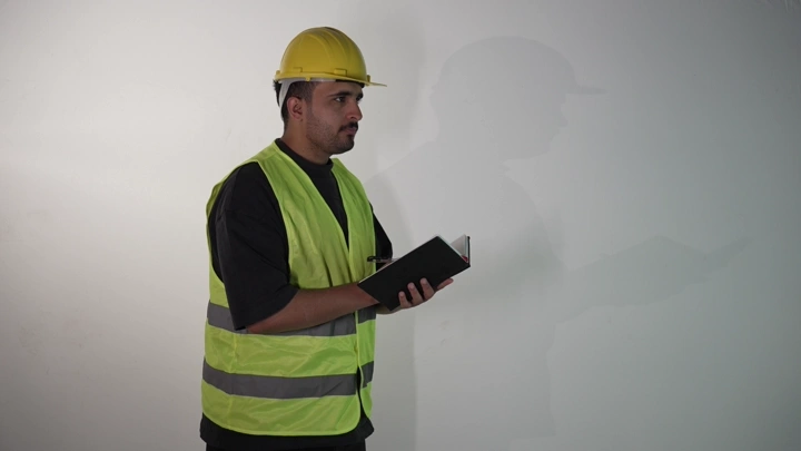 مهندس يرتدي خوذة وسترة يعاين مخططًا، لقطة قريبة.