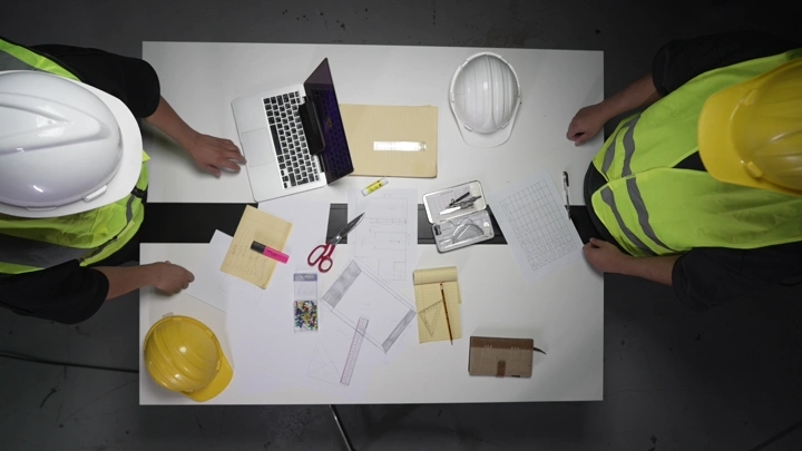 مهندسان يناقشان مخططات على طاولة، لقطة من الأعلى.
