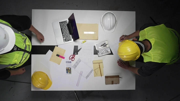 مهندسان يناقشان مخططات على طاولة بيضاء، لقطة من الأعلى.