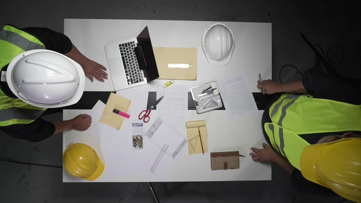 مهندسان يناقشان مخططات على طاولة بيضاء، لقطة من الأعلى.