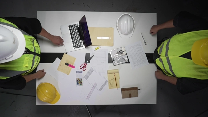 مهندسان يناقشان مخططات على طاولة، لقطة من الأعلى.