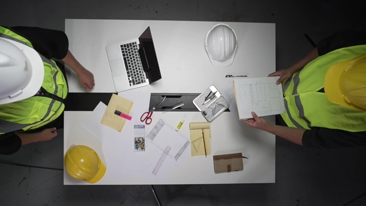 مهندسان يناقشان مخططات على طاولة، لقطة علوية.