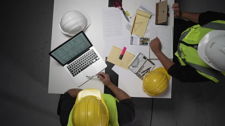 مهندسان يناقشان مخططات على طاولة، منظر علوي.