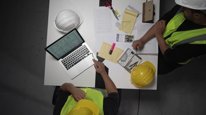مهندسان يناقشان مخططات على طاولة، لقطة من الأعلى.