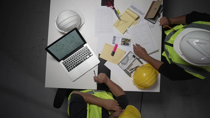 مهندسان يناقشان مخططات على طاولة، لقطة علوية.