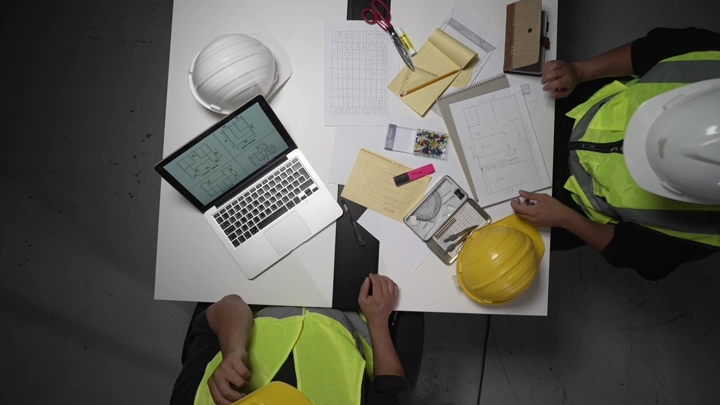 مهندسان يناقشان مخططات على طاولة، لقطة علوية.