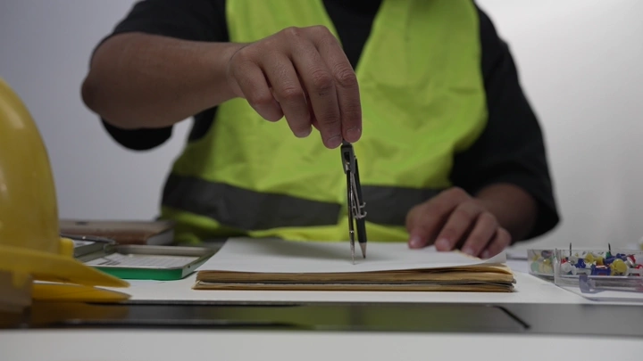 رجل يستخدم الفرجار على مكتب عمل، لقطة قريبة.