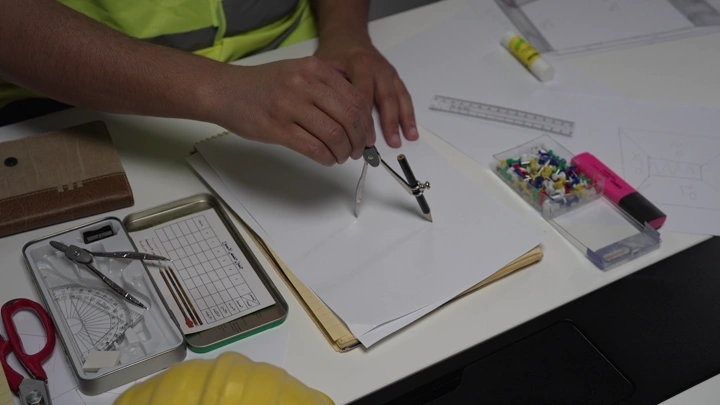 رجل يستخدم الفرجار على مكتب عمل، لقطة قريبة.