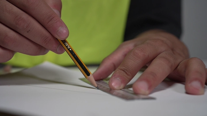 رجل يرسم بقلم ومسطرة على ورقة، لقطة مقربة.